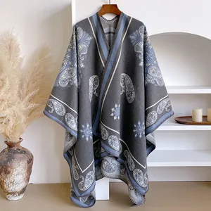 Women Retro Ethnic Paisley Print Cashmere-like Shawl Cape Open Front Poncho Wrap For Autumn Winter Thick Warm Bohemian Cardigan