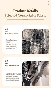 Détail du tissu doux imitation cachemire avec imprimé bandana et longues franges à glands