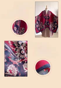 Nahaufnahme des roten Vintage-Blumenmusters und der dicken Pashmina-Schal-Textur