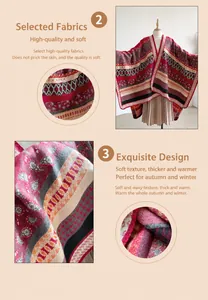 Detail of red geometric boho shawl showing thick jacquard knit and paisley patterns