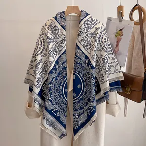 Écharpe Carrée Vintage Imprimé Paisley Femmes Imitation Cachemire Châle Doux Avec Glands Rétro Bohème Tour de Cou