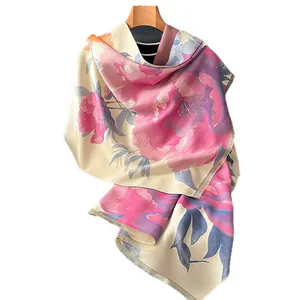 Imitation cashmere scarf featuring ink wash peony patterns and elegant fringe details
