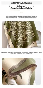 Detail of floral imitation cashmere scarf with soft texture and refined fringe edging