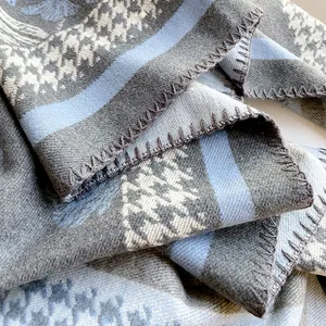 Floral houndstooth thick scarf in grey and blue with soft cashmere-like texture and fringed edges