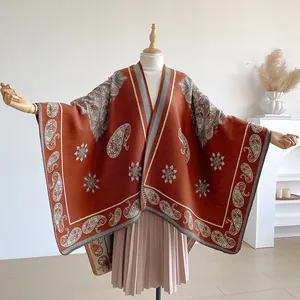 Terracotta Bohemian paisley cashmere-like knit shawl poncho for women with star patterns