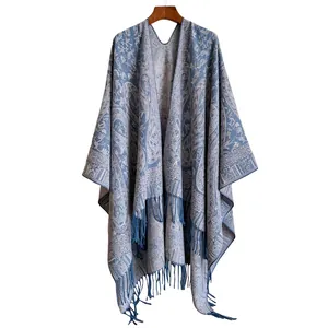 Ethnic vintage paisley shawl with fringe trim in blue and grey for winter travel
