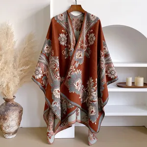 Vintage Strick-Poncho für Damen, rot mit Blumenmuster, warmer Winterumhang im Boho-Stil