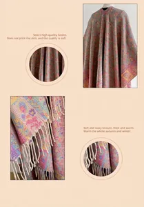 Detail of ethnic floral jacquard scarf showing thick fabric texture and fringe tassels