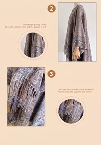 Detailopname van dikke jacquard paisley sjaal met gebreide textuur en lange franjes