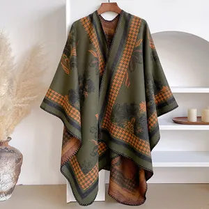 Floral houndstooth thick cashmere scarf shawl for women in green and orange