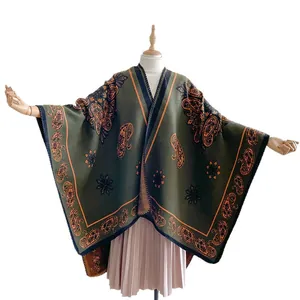 Vintage bohemian dark green paisley poncho wrap with thick knitted ethnic pattern