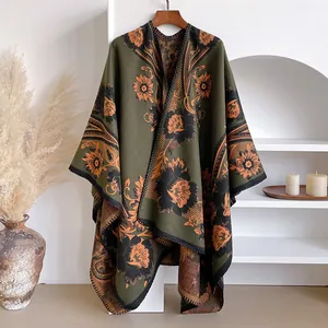 Damen Retro Boho Kaschmir-Imitat Poncho Schal Blumenmuster Dicke Warme Umhang Wickel Für Herbst Winter Mode Oberbekleidung