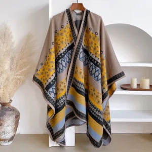 Women's Bohemian Ethnic Geometric Pattern Thickened Warm Poncho Shawl Imitation Cashmere Vintage Paisley Jacquard Reversible Winter Cape Wrap