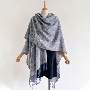 Thick jacquard floral paisley scarf shawl with fringe in blue and beige tones