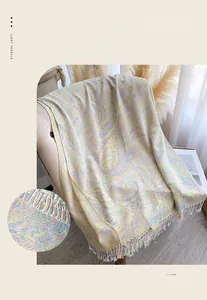 Close-up of pastel paisley pattern scarf showing light tassels and premium fabric texture
