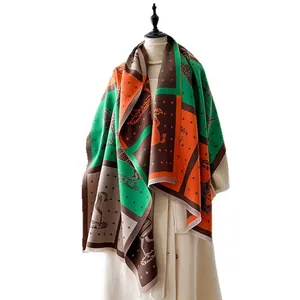 Luxurious thick scarf with classical horse pattern and retro geometric color blocking