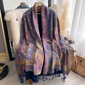 Sciarpa Jacquard Paisley Retrò Bohémien da Donna in Imitazione Cashmere Con Nappe Scialle Invernale Caldo Morbido Grande per Donna