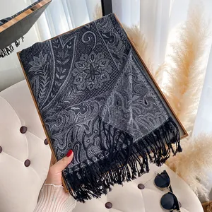 Ethnic style paisley jacquard long scarf with fringes in dark gray and black woven fabric