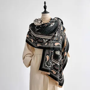 Vintage Paisley Polyester Schal Für Damen Ethno-Stil Großes Schultertuch Mit Quasten Winter Warm Jacquard Schal Bohemian Dicker Schal