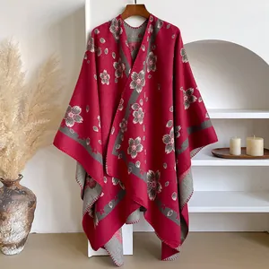 Vintage floral cashmere poncho in burgundy and grey with hand-stitched edging