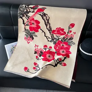 Winter faux cashmere scarf with plum blossom jacquard and tassel edges on leather