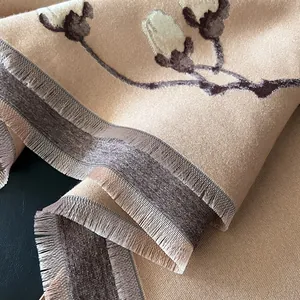 Winter pashmina shawl with floral plum pattern and soft fringe in beige and brown
