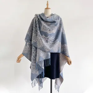 Châle jacquard bleu style bohème avec motif paisley et franges pour femmes