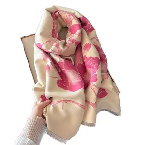 Winter pashmina scarf with plum blossom floral print and soft fringes in beige and pink