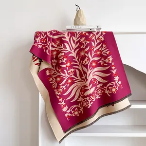 Floral knit cashmere-like shawl with tassels in rose red and beige double-sided design
