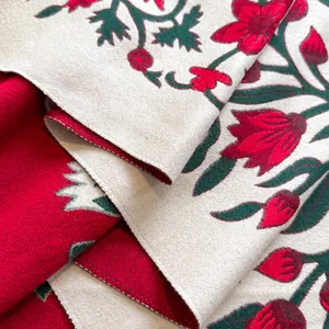 Thick floral cashmere shawl with red flower patterns and double-sided warm knit design