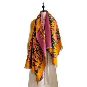 Thick vintage floral jacquard shawl scarf in mustard yellow with fringe details