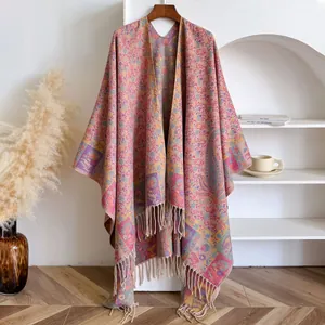 Women's Ethnic Bohemian Paisley Floral Jacquard Tassel Poncho Shawl Imitation Cashmere Thick Warm Winter Wrap Over Sized Scarf