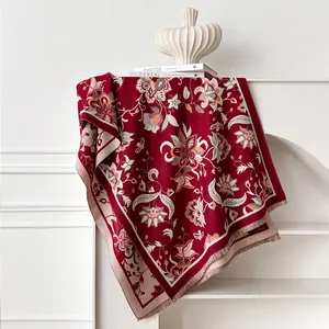Ethnic floral cashmere-feel shawl with deep red patterns and fringe tassels for winter
