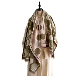 Polka dot geometric tassel shawl scarf in olive green and pink cashmere-like fabric