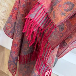 Ethnic paisley jacquard thick shawl with red fringe tassels and floral woven pattern