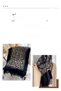 Detail of faux cashmere scarf with golden paisley embroidery and fringe tassels
