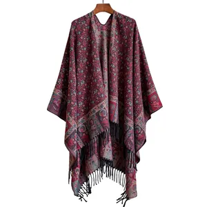 Ethnic paisley floral thickened shawl cape with tassels in deep burgundy and blue