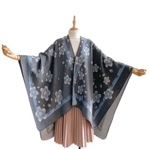 Bohemian color-block floral cashmere shawl with delicate cherry blossom knit pattern