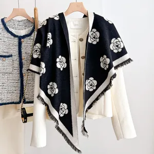 Elegant Camellia Pattern Triangular Scarf For Women Autumn Winter Warm Tassel Shawl Wrap Polyester Imitation Cashmere Scarf