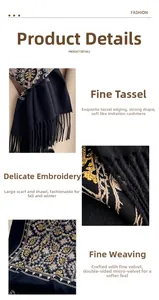 Detailed close-up of gold thread embroidery and fine fringe on navy cashmere-feel shawl