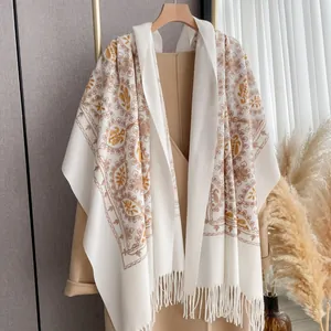 Women's Vintage Embroidered Paisley Scarf With Tassels Winter Warm Cashmere-like Shawl Floral Pattern Wrap Accessories