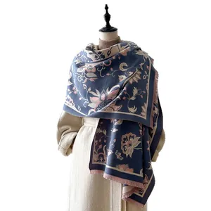 Ethnic floral cashmere scarf in deep blue with pink tassels and vintage patterns