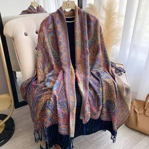 Femmes Ethnique Vintage Paisley Jacquard Châle Écharpe Avec Glands Imitation Cachemire Doux Chaud Grand Enveloppement Automne Hiver