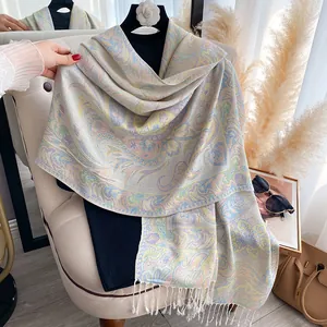 Elegant paisley floral pashmina shawl for women with soft fringes and macaron colors