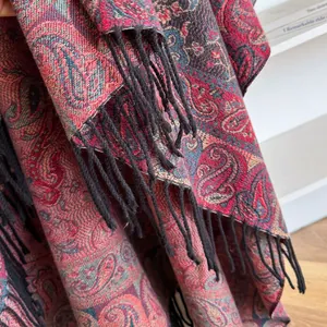 Etnische paisley jacquard sjaal met franjes, warme omkeerbare sjaal in rood en marine