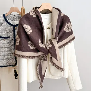 Brown and beige camellia floral stripe knit shawl scarf with elegant fringe tassels