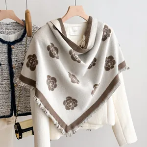 Elegant beige camellia pattern knit shawl wrap with fringe for winter warmth