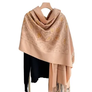 Faux cashmere shawl in apricot with gold leaf embroidery and fringe tassels