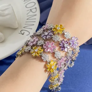 Sparkling zircon flower bracelet featuring colorful crystals worn on a wrist for party style
