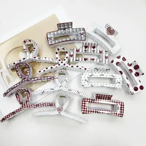 Pinze per Capelli in Plastica alla Moda Grandi Fermagli a Croce Quadrati Con Pois Quadri Cuore Fiocco Stampa Accessori per Capelli Dolci per Donna Festa Quotidiana
